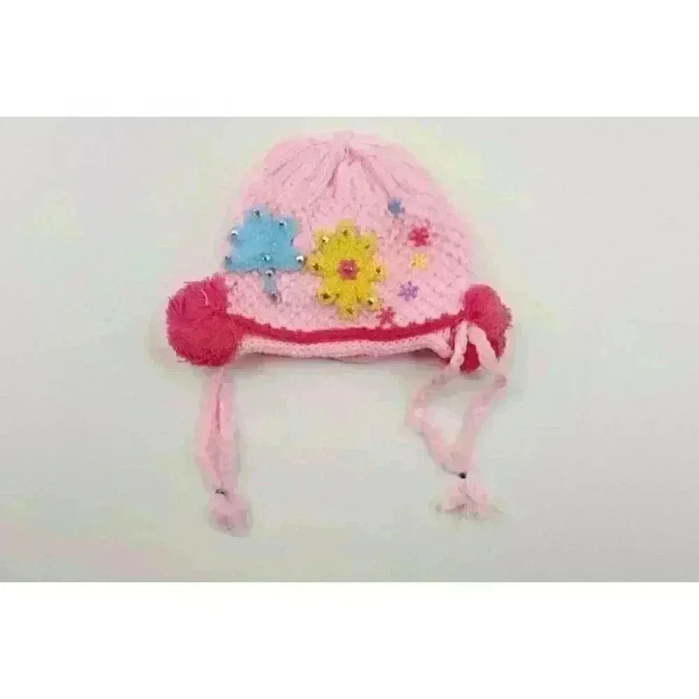 HAND knitted girl hat with knitted applique with beads for 3-6 year old. NEW.